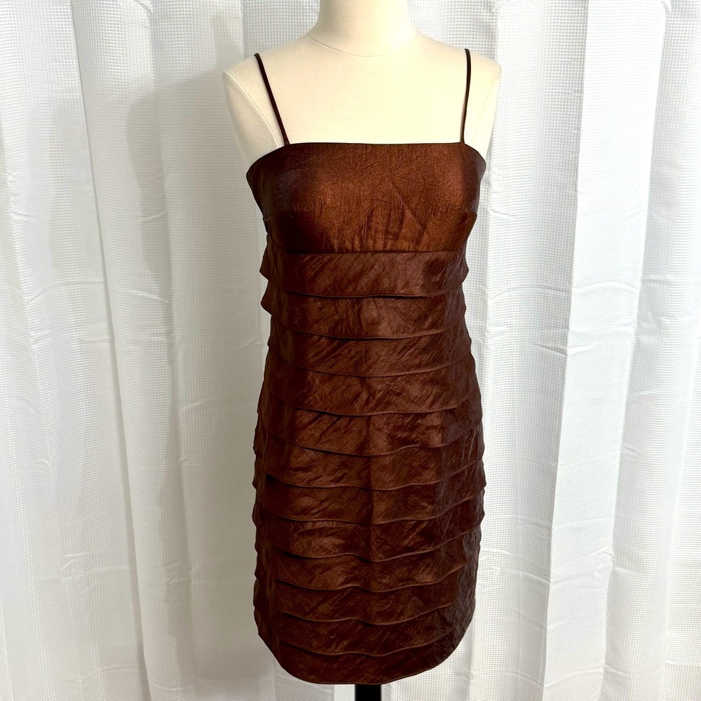 Jessica Howard Shiny Brown Metallic Tiered Midi Spaghetti Strap Formal, Size 8P